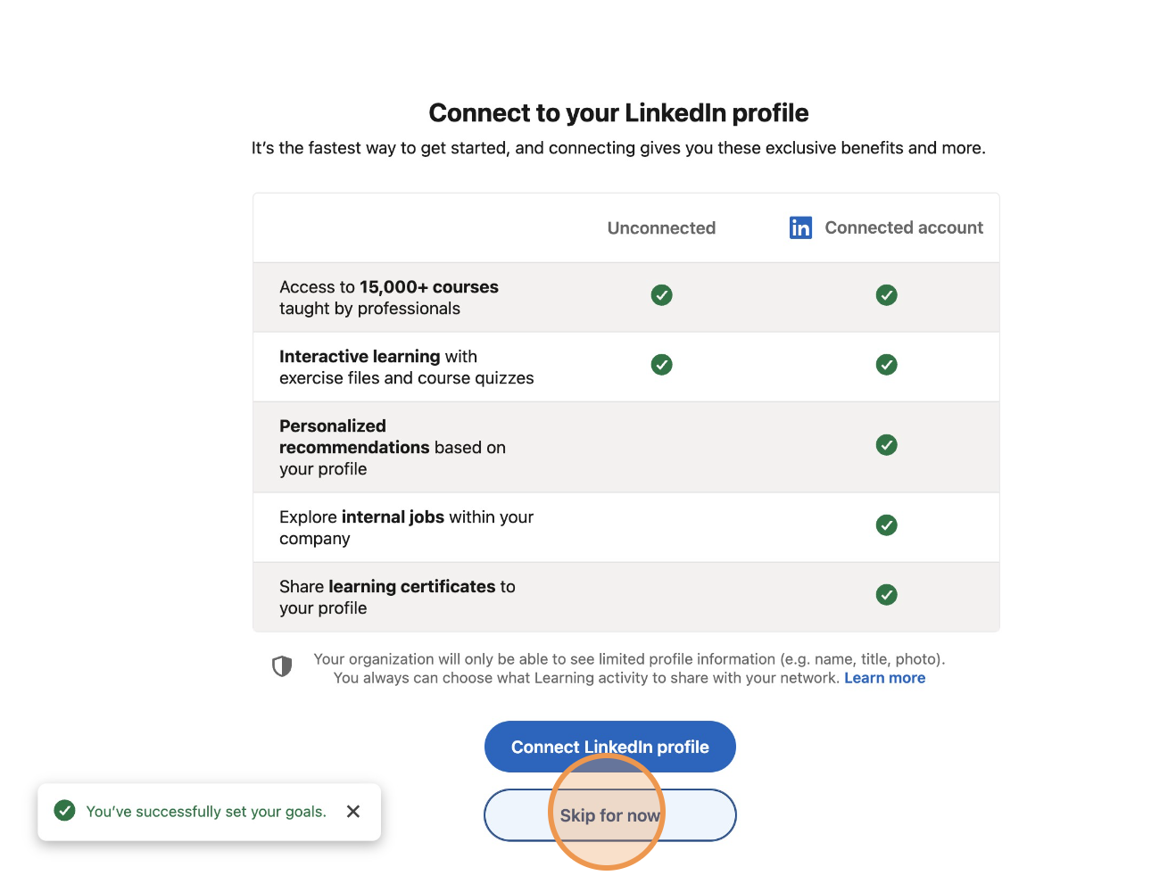 Screenshot of a description of the benefits of linking your LinkedIn profile to your LinkedIn Learning profile.